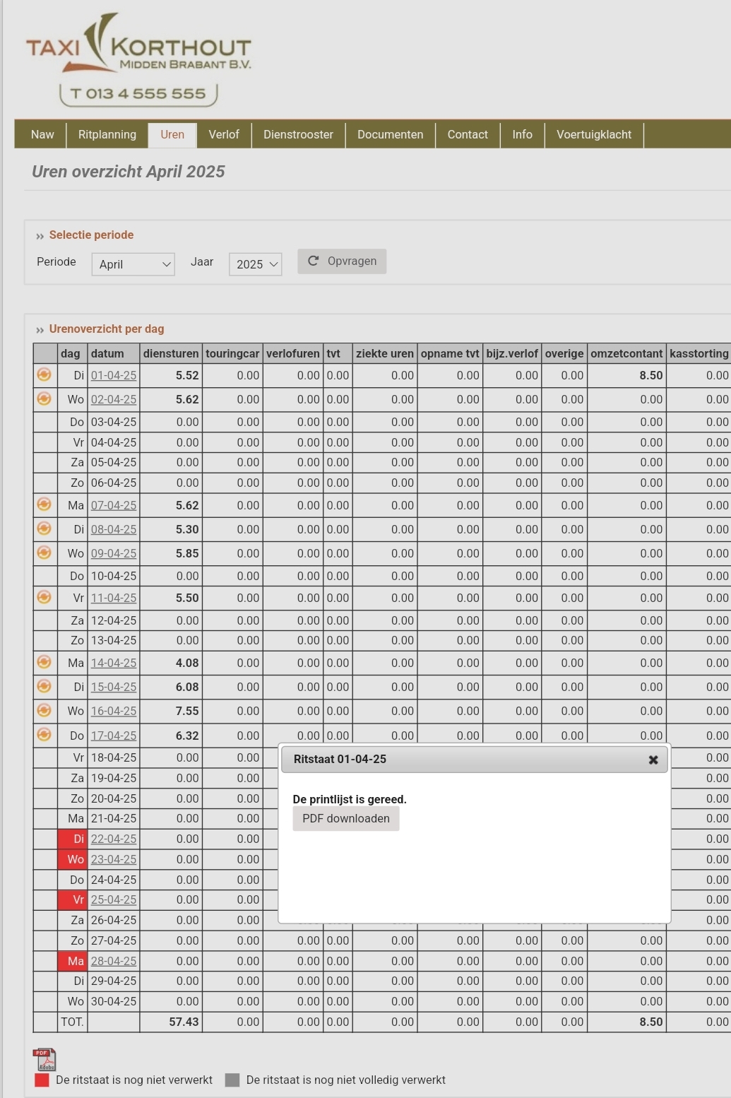 Urenstaat - dag opvragen